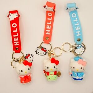 Kawaii Hello Kitty 3D Keychain Bag Charm PendantKeyring Lanyard Car Jewelry 3Pcs